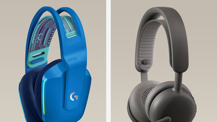 適合商務用途的 Logitech Zone Wired 2 灰色耳機(含麥克風)與藍色的 Logitech G733 電競耳機(含麥克風)並排展示,著重於頭帶設計。